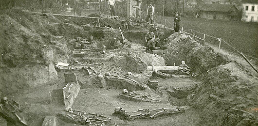 Ausgrabung eines der größten römerzeitlichen Gräberfelder in Lauriacum/Enns 1952; (C) OÖLKG